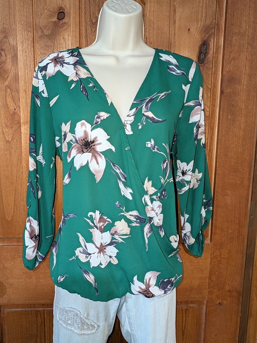 Staccato Emerald Green Floral Faux Wrap Blouse